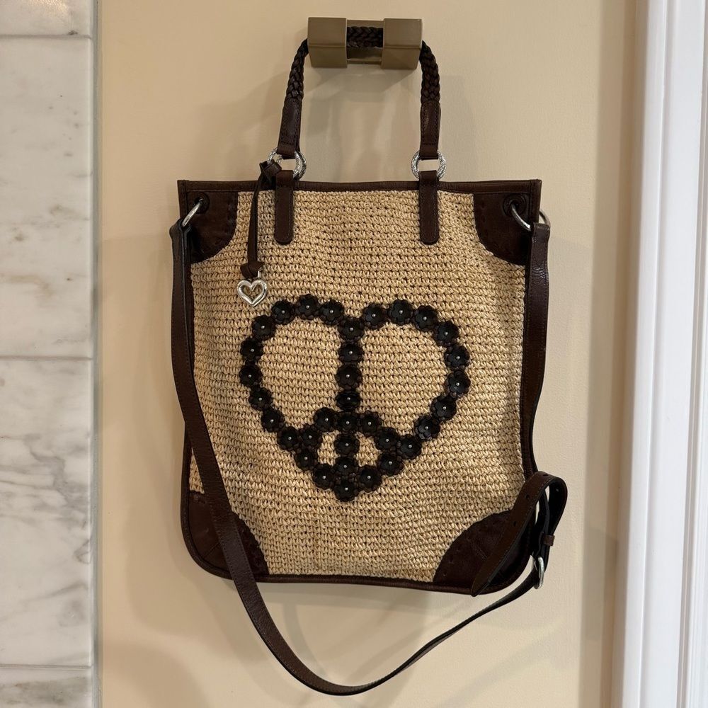 Brighton Brown and Tan Woven Tote with Peace Sign
